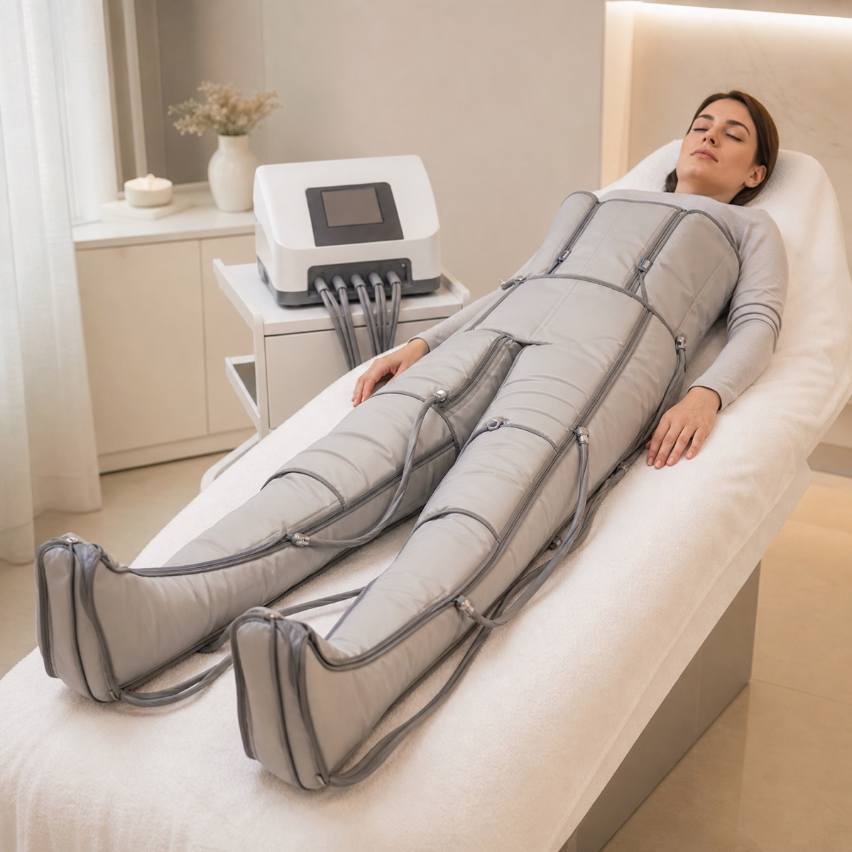 Presoterapia con traje neumático completo desde el abdomen hasta los pies